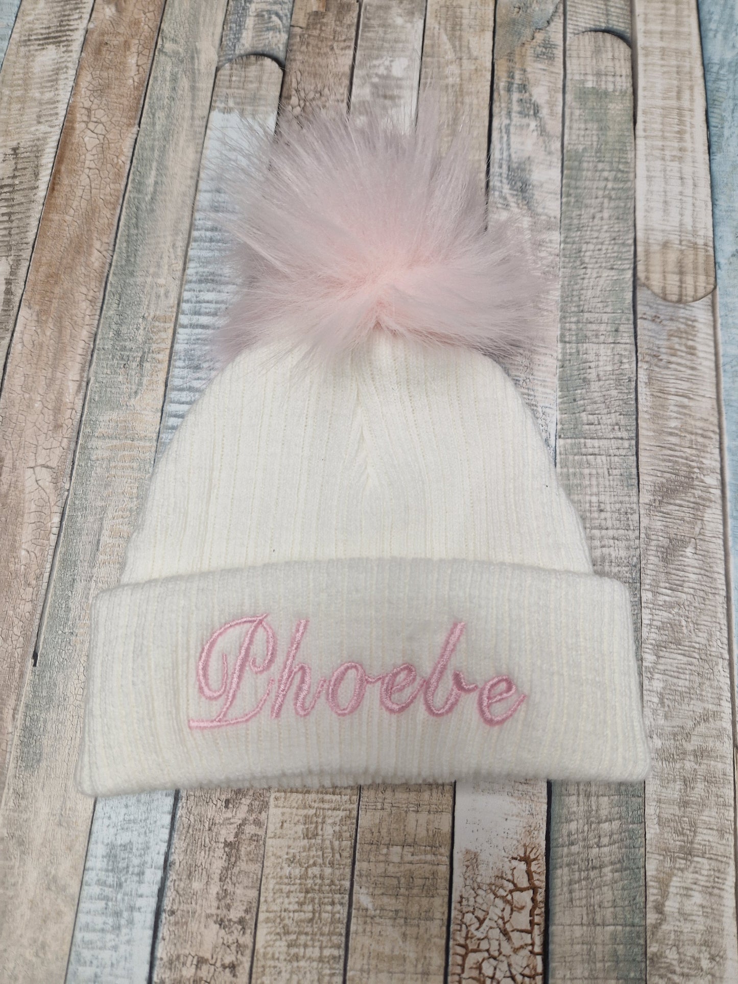 Personalised Baby White Knitted Single Pink Fluffy Faux Fur Pom Hat