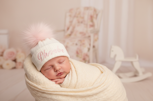 Personalised Baby White Knitted Single Pink Fluffy Faux Fur Pom Hat