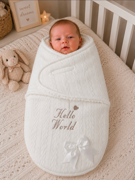 White Cable Design Swaddle With Hello World In Beige Embroidery