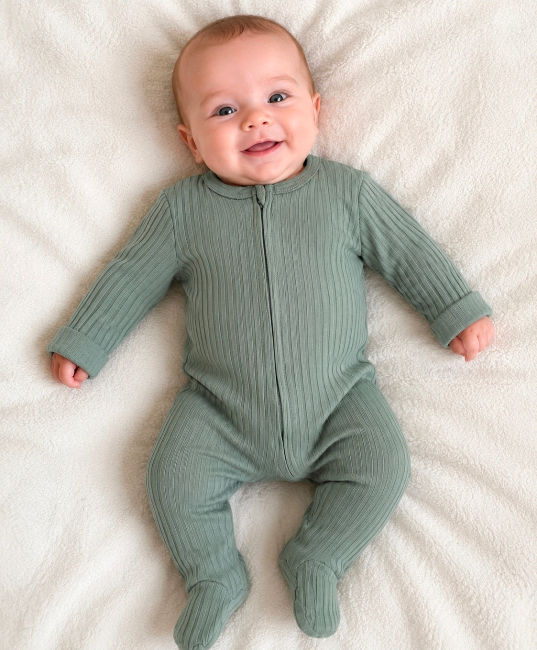 Unisex Baby Sage Green Ribbed Zip Up Sleepsuit