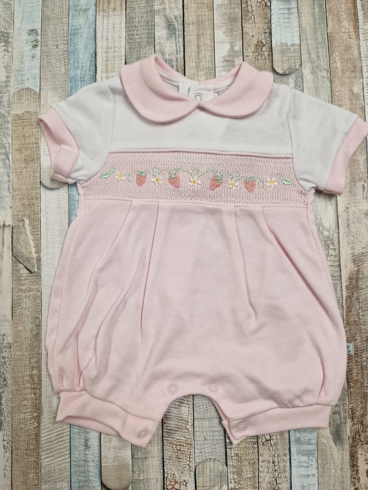 Baby Girls Pink Smocked Strawberry Romper