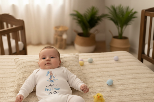 Baby Boys White Personalised First Easter Babygro With Printed Blue Rabbit