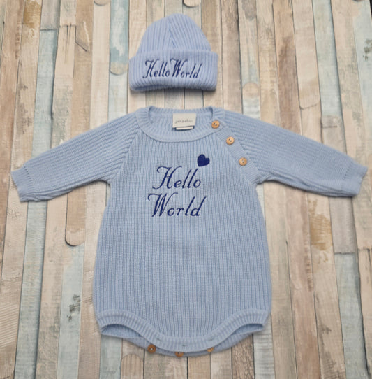 Nana B Baby Boys Blue Hello World Long Sleeved Romper And Beanie Hat