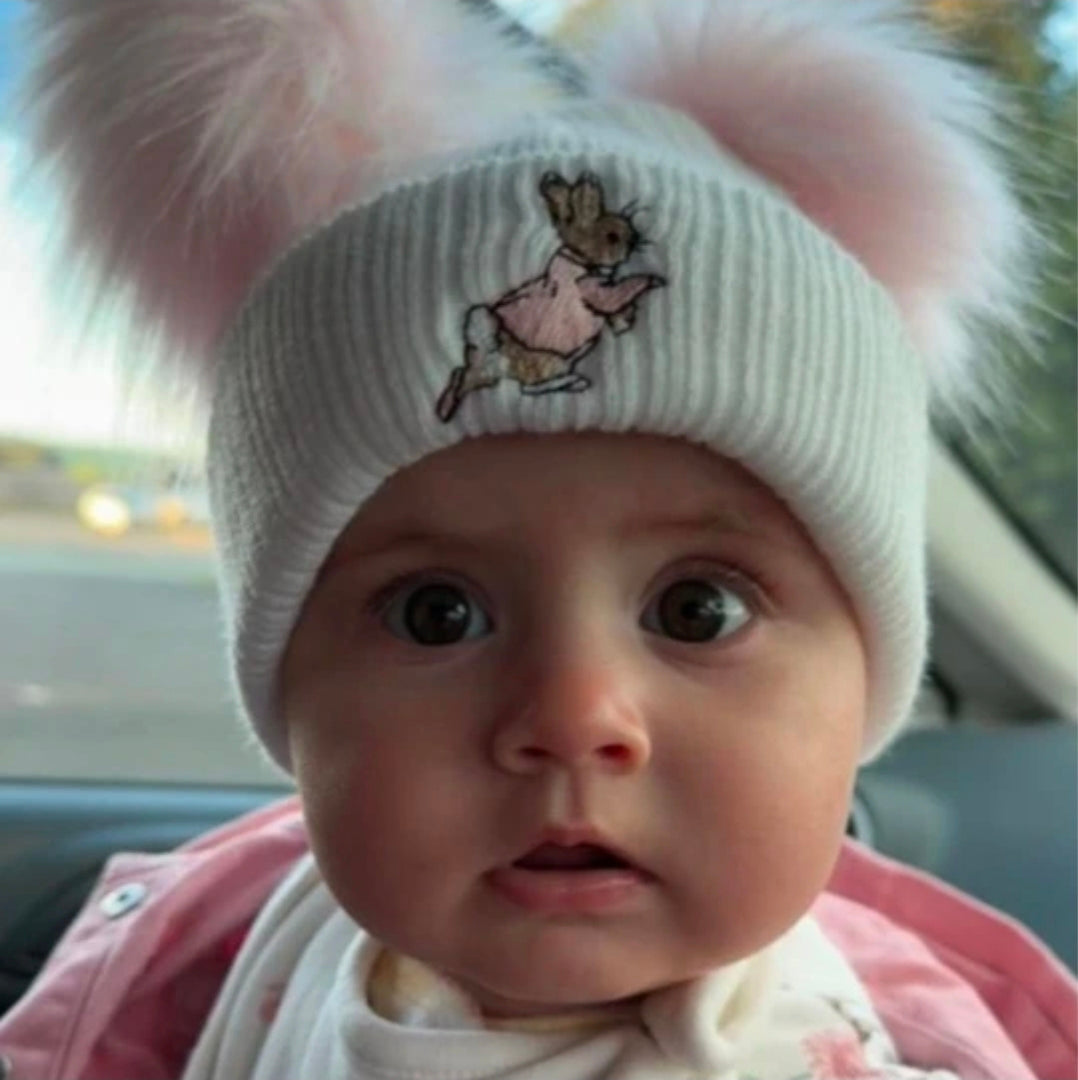 Baby White Hat With Pink Rabbit Double Pink Fluffy Faux Fur Pom Pom Hat