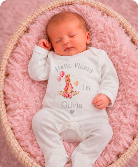 Baby Girls Newborn White Personalised Babygro With Printed Hello World  Pink Rabbit