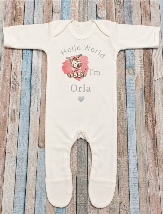Personalised Hello World I'm Baby Girls Printed Pink Ziggy Zebra Newborn White Babygro