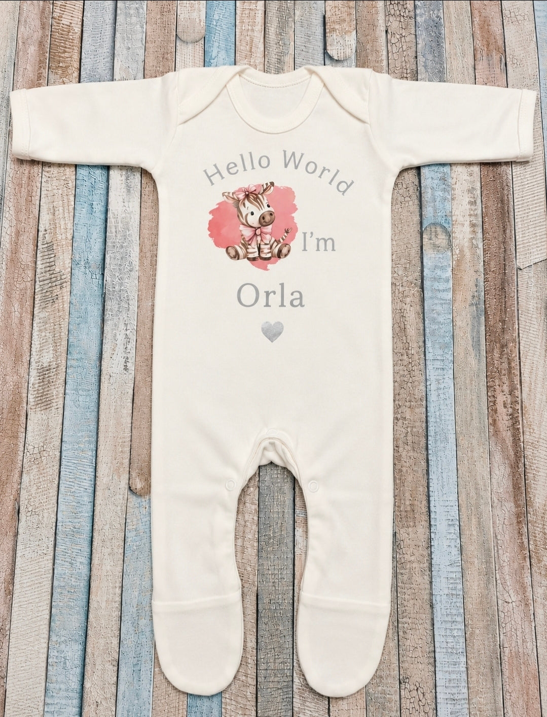 Personalised Hello World I'm Baby Girls Printed Pink Ziggy Zebra Newborn White Babygro