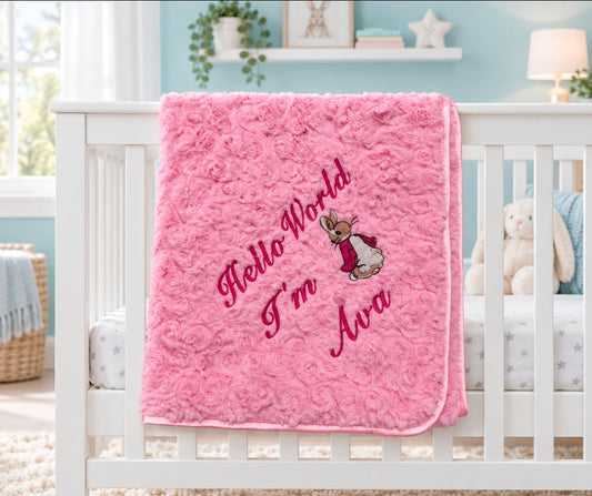 Personalised Hello World Pink Soft Rose Blanket/Wrap With Embroidered Pink Rabbit Design