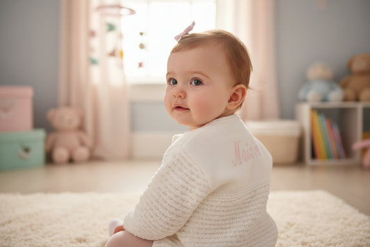 Personalised Baby Girls White Pearl Flower Matinee Cardigan