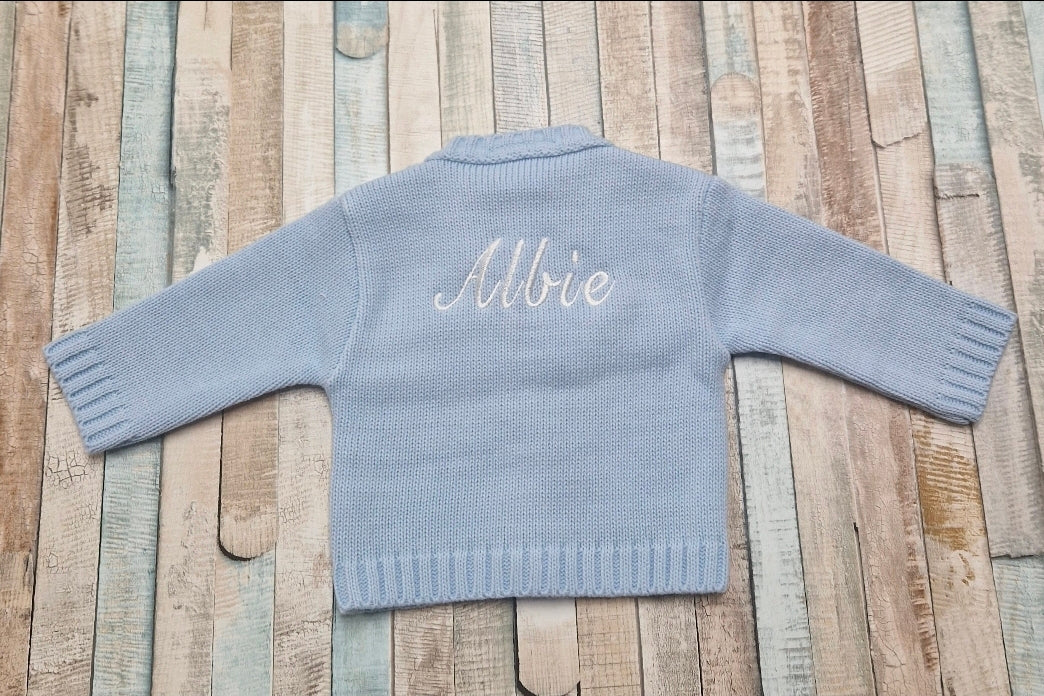 Personalised Baby Boys V Neck Cable Knit Blue Cardigan
