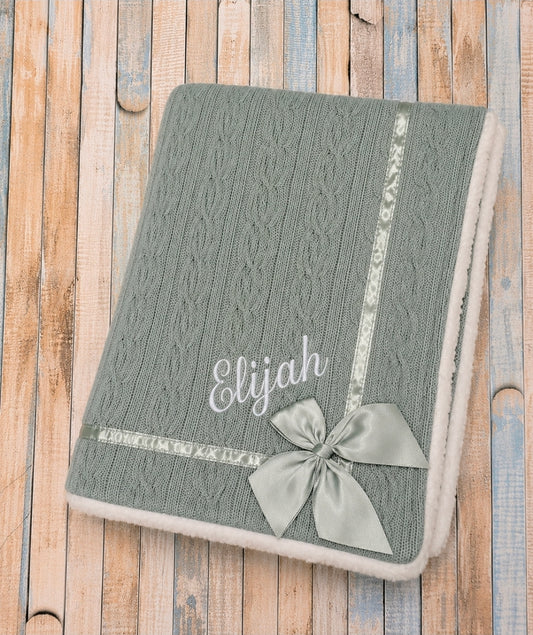 Unisex Baby Personalised Sage Green Cable Design Wrap With Bow