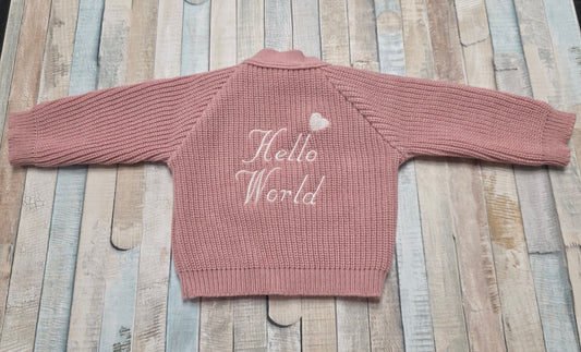 Baby Girls Dusky Pink Hello World Ribbed Cardigan