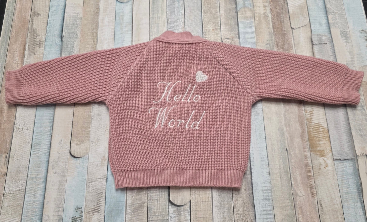 Baby Girls Dusky Pink Hello World Ribbed Cardigan