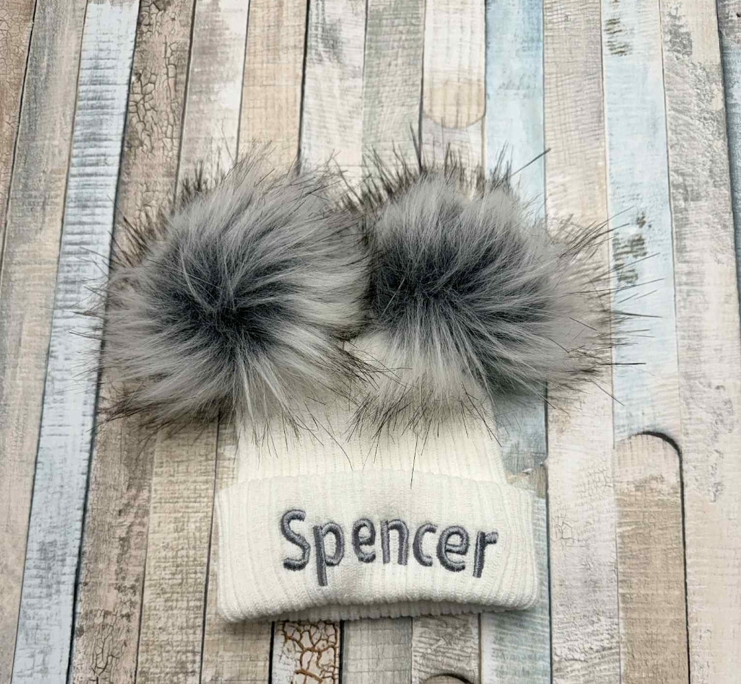Personalised Baby White Knitted Double Grey Fluffy Faux Fur Pom Hat