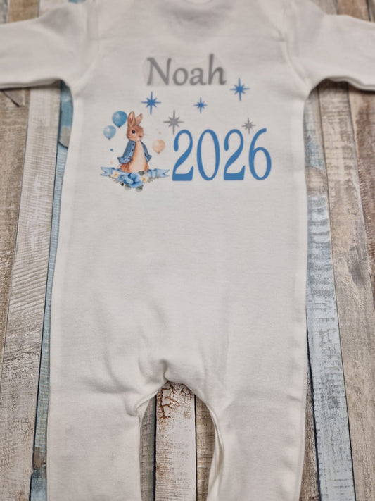 Personalised White Printed Babygro With Blue Rabbit Year Born