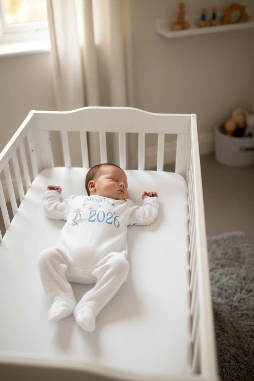 Personalised White Printed Babygro With Blue Rabbit Year Born