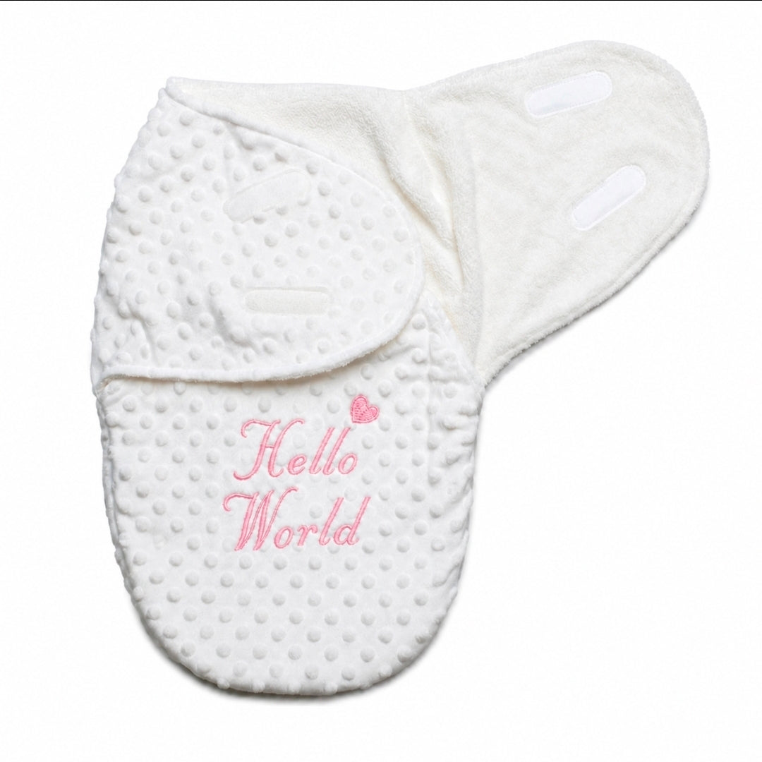 Hello World White Dimple Swaddle With Pink Embroidery