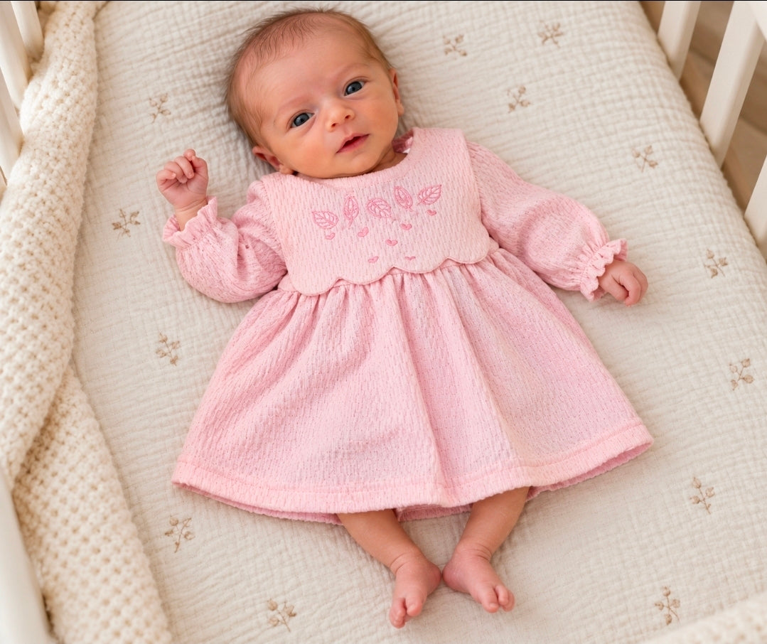 Premature Baby Girls Pink Leaf And Heart Long Sleeved Dress