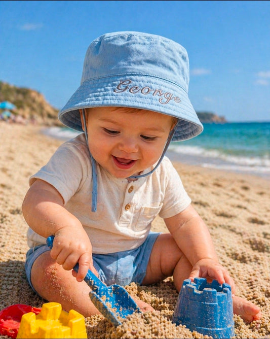 Personalised Baby Boys Blue Bucket Hat With Chin Strap