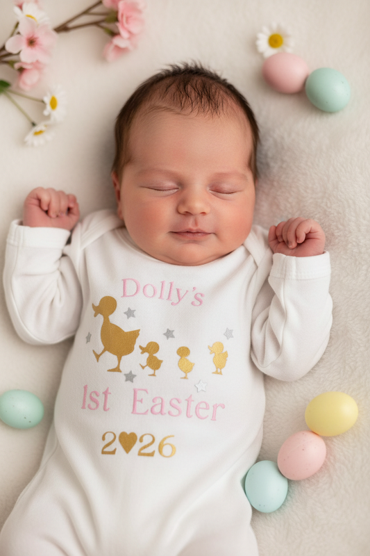 Baby Girls Printed Personalised Chicks 1st Easter Babygro