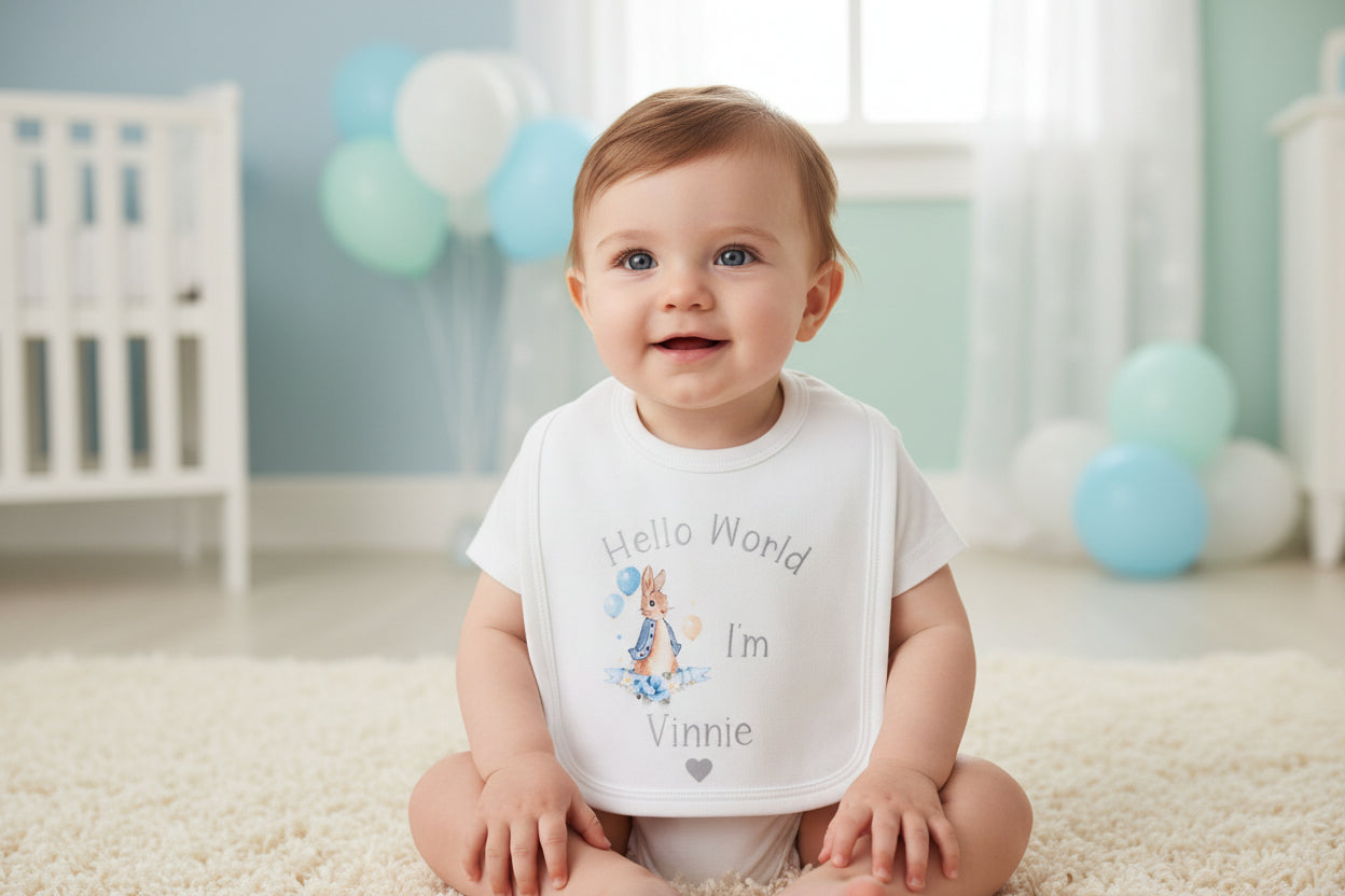 Baby Boys Personalised Hello World I'm Printed Blue Rabbit Bib
