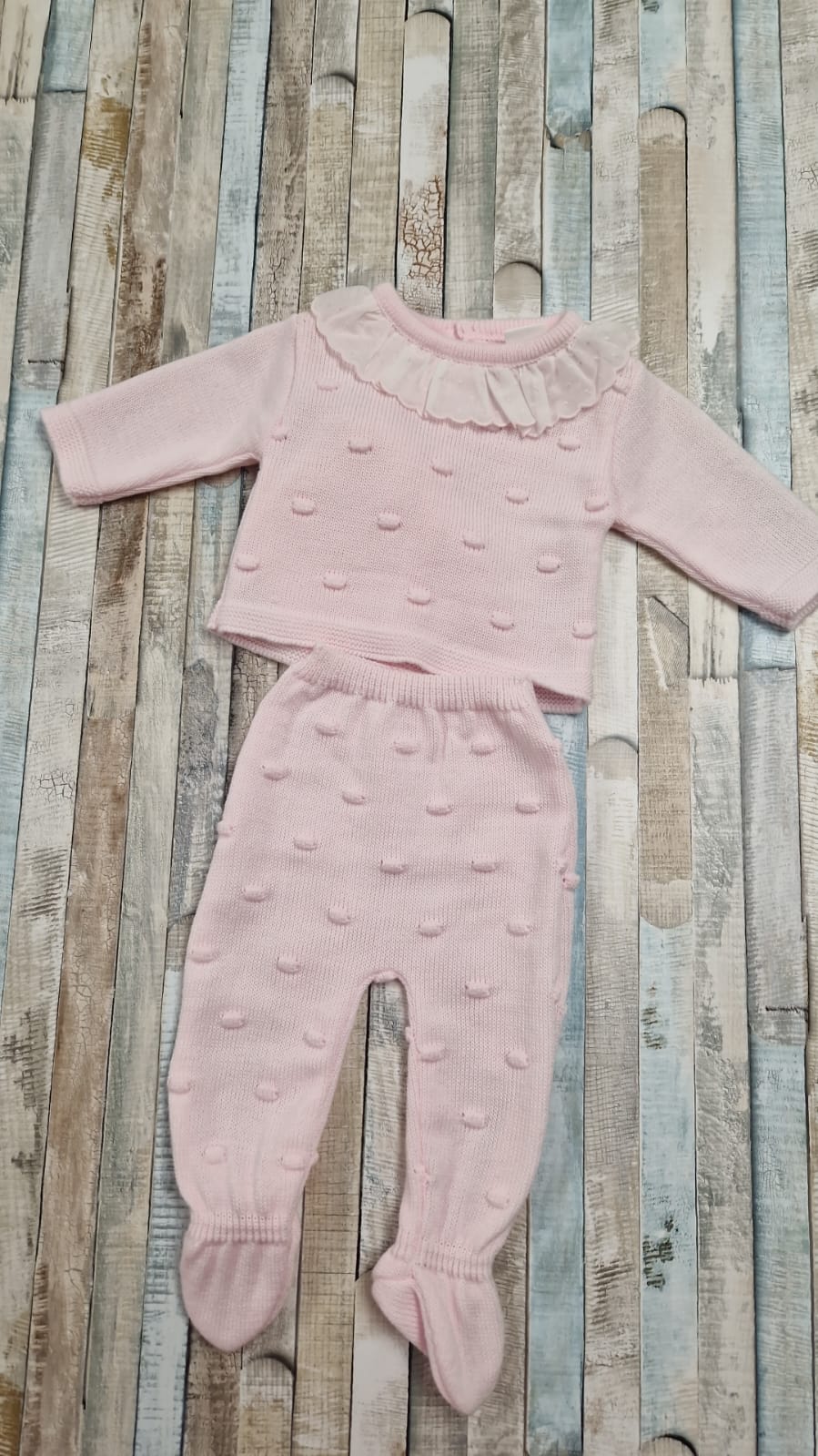 Nana's Special Buy Pink Knitted Set With White Frilly Neck And Hat