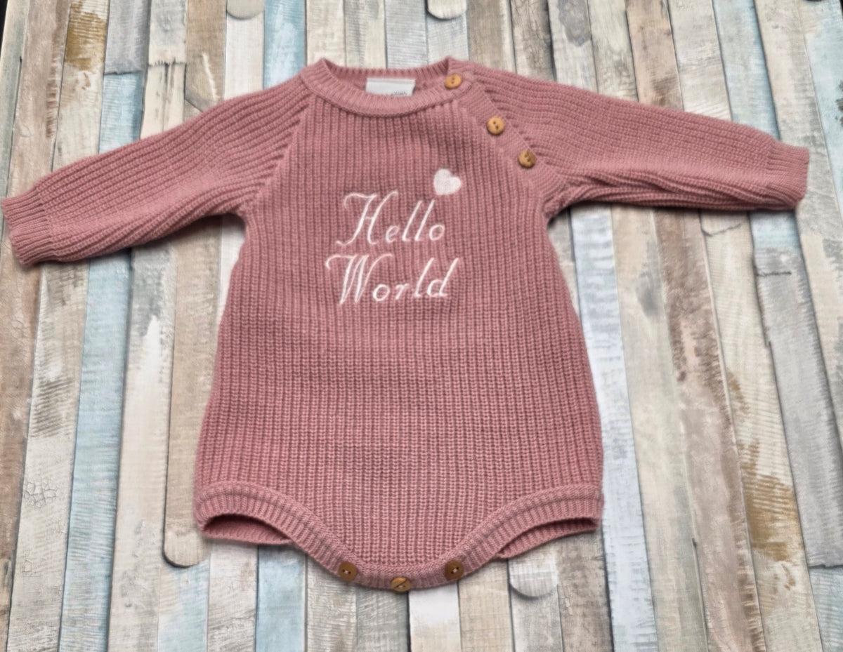 Baby Girls Dusky Pink Hello World Knitted Romper