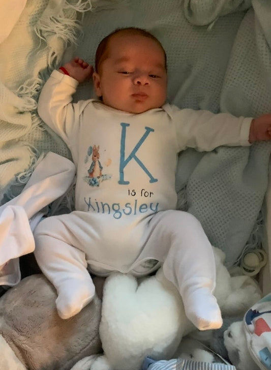 Personalised White Babygro With Printed Blue Rabbit Initial And Name