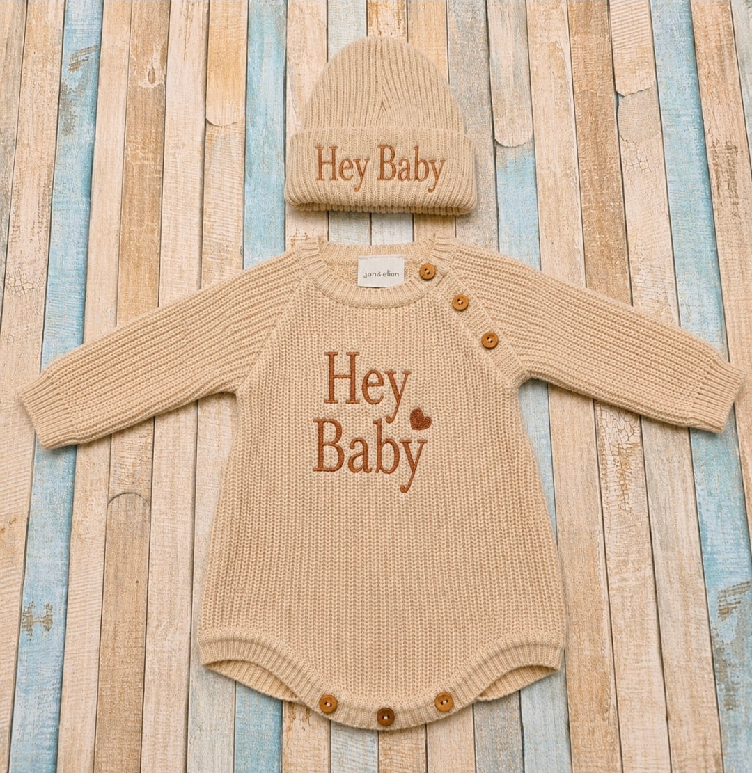 Nana B Hey Baby Beige Unisex Knitted Romper And Hat