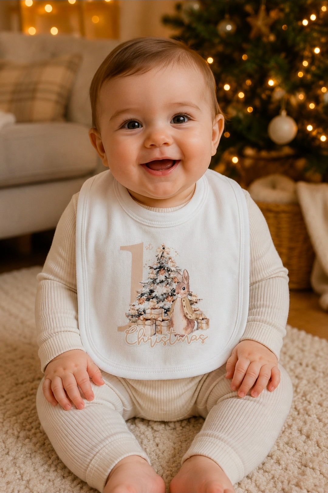 Baby Beige 1st Christmas Rabbit Bib