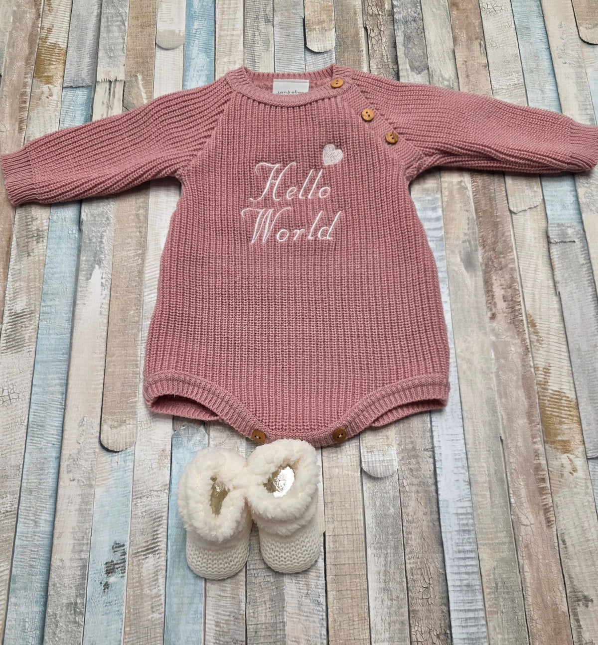 Baby Girls Dusky Pink Hello World Knitted Romper