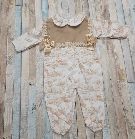 Baby Girls Beige And White Safari Printed Babygro