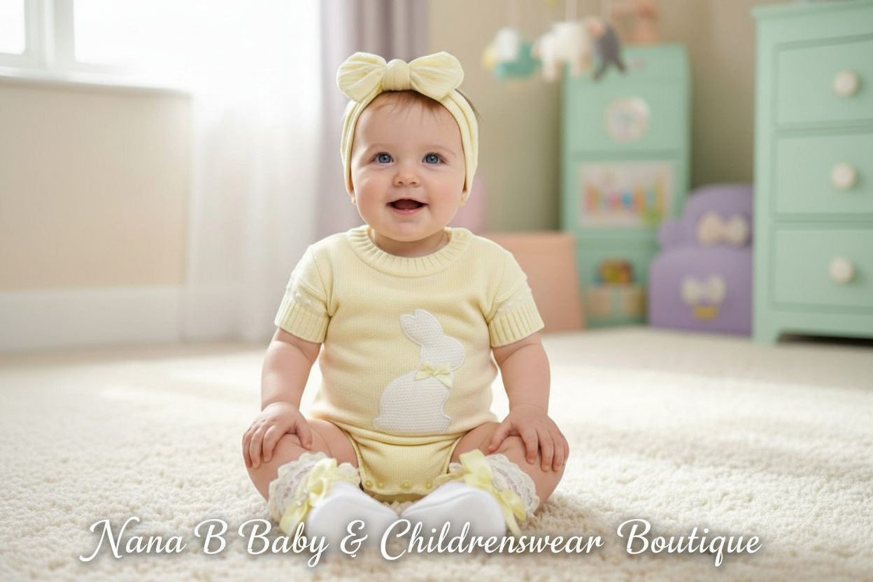 Unisex Baby Lemon And White Knitted rabbit Romper