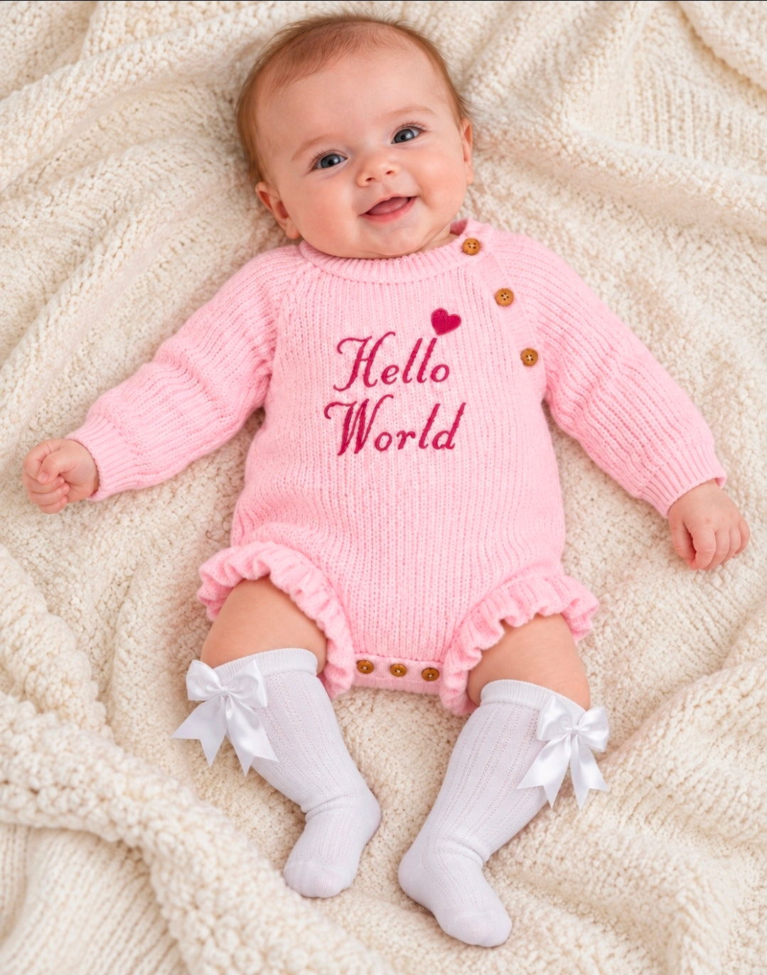 Baby Girls Pink Frilly Leg Hello World Knitted Romper