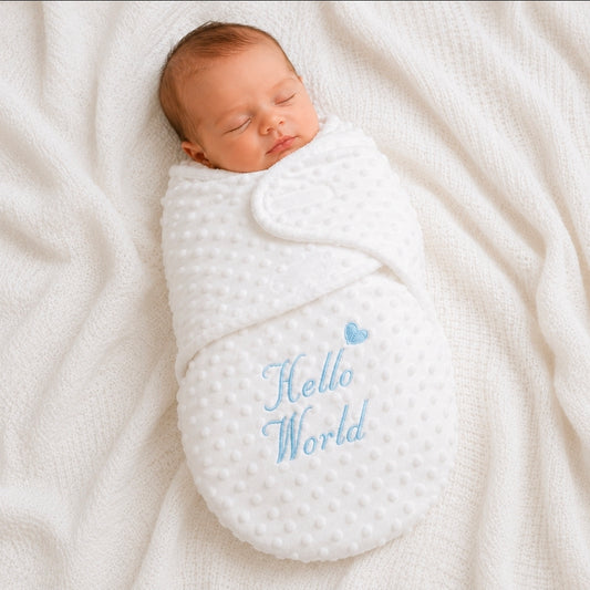 Hello World White Dimple Swaddle With Blue Embroidery