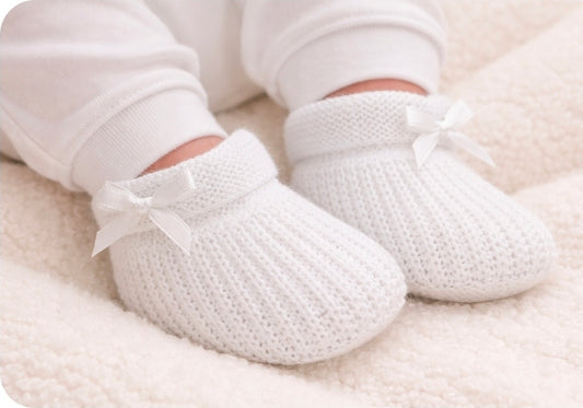 Baby Knitted White Newborn Booties With Satin Bow