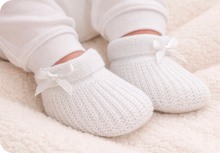 Baby Knitted White Newborn Booties With Satin Bow