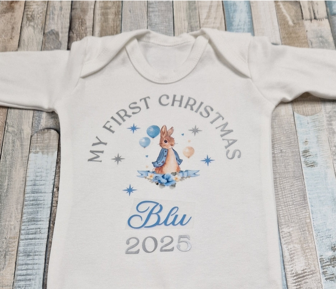 Baby Boys Personalised My First Christmas Printed Rabbit Babygro