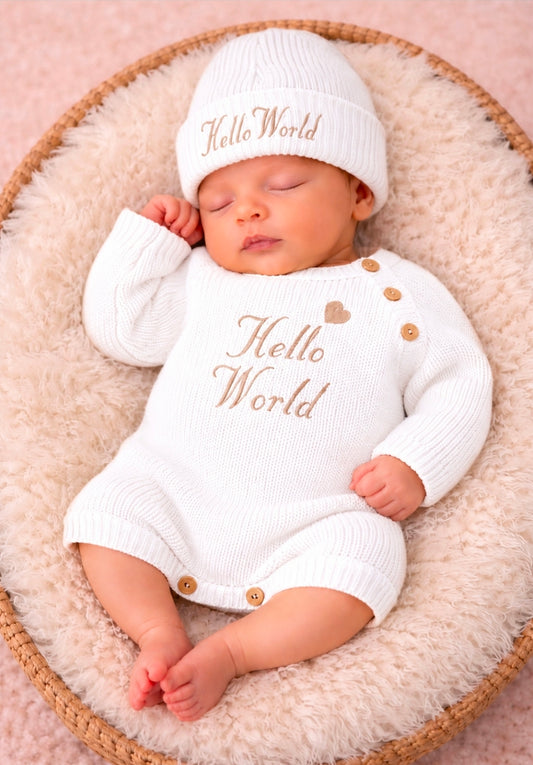 Nana B Unisex Baby White Hello World Romper With Beanie Hat