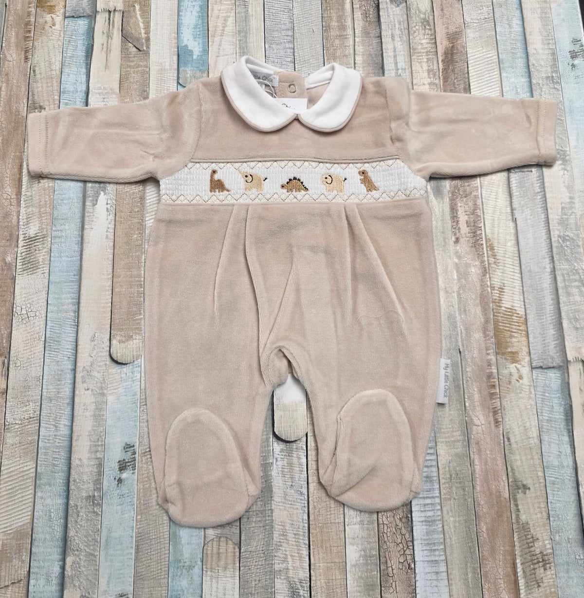 Unisex Baby Beige Velour Dinosaur Babygro