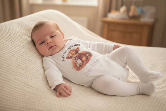 Personalised Baby Highland Cow Hay Im New Here Printed Newborn Babygro