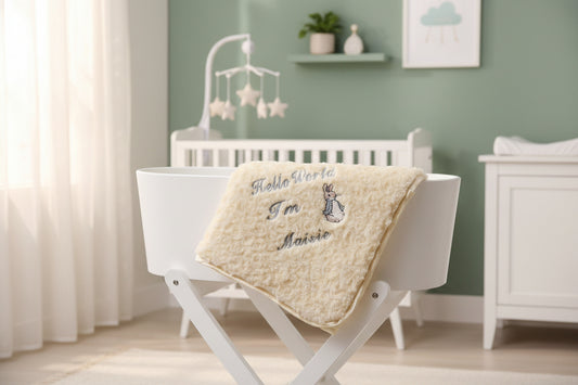 Personalised Hello World Lemon Soft Rose Blanket/Wrap With Embroidered Grey Rabbit Design
