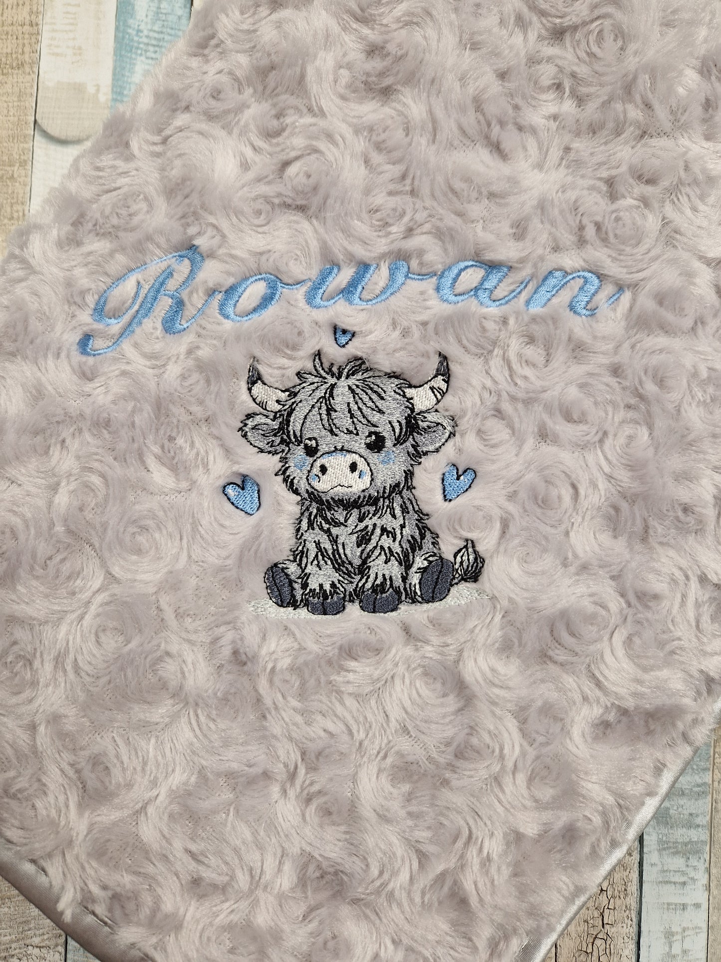 Personalised Baby Boys Grey Soft Rose Highland Cow Wrap