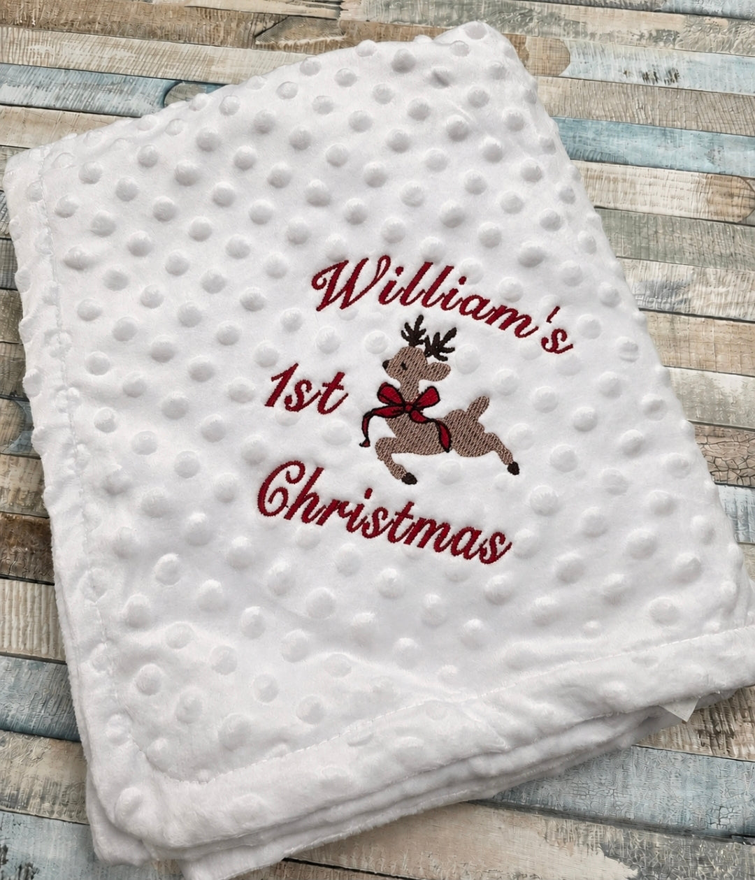 Unisex Personalised White Dimple Wrap With 1st Christmas Reindeer