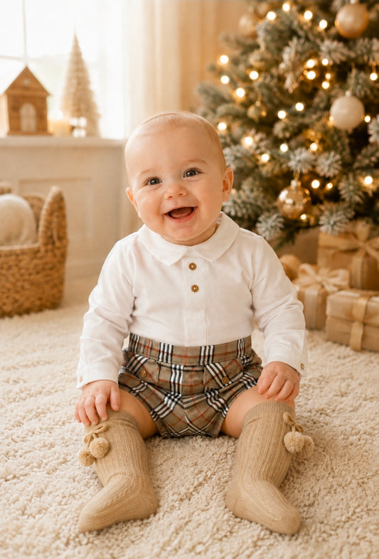Baby Boys White Shirt And Beige Tartan Shorts Set