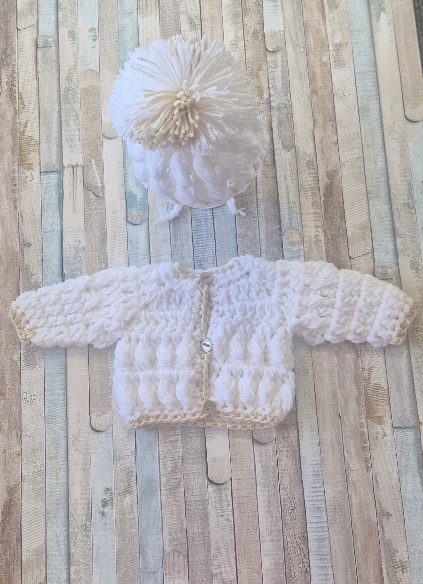 Baby Boys White And Beige Crochet Cardigan And Pom Pom Hat