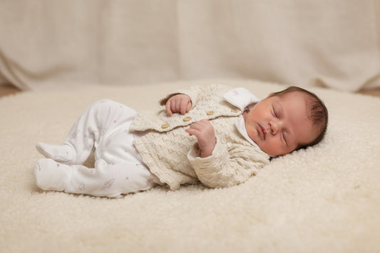 Baby Boys Beige And White Space Design Babygro And Cardigan Set