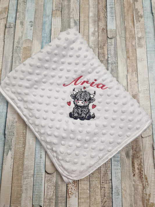 Baby Girls Personalised White Dimple Wrap With Grey Highland Cow