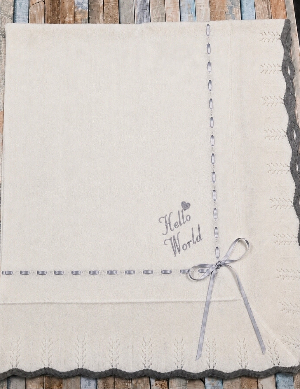 Unisex Baby White And Grey Hello World Shawl