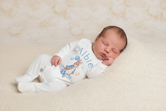 Baby Boy Personalised White Printed Blue Rabbit Babygro